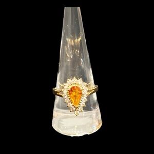 Gold Toned Orange Citrine Cubic Zirconia Cocktail Ring - Size 9.5